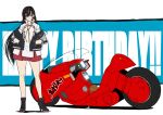 1girl akira_(manga) black_hair black_jacket closed_mouth commentary_request dated full_body grey_eyes hair_between_eyes hands_in_pockets happy_birthday high_heels inago_akira jacket kaneda_shoutarou&#039;s_bike long_hair long_sleeves looking_at_viewer minoseki_gakuin_uniform motor_vehicle motorcycle multicolored_hair name_connection neck_ribbon niitsuma_daisuke_(animator) off_shoulder orange_ribbon red_hair red_skirt ribbon shirt skirt solo standing streaked_hair toji_no_miko white_shirt winter_uniform 