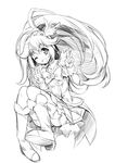  boots cure_peace greyscale hair_flaps highres kise_yayoi long_hair monochrome one_eye_closed open_mouth precure redcomet smile_precure! solo v very_long_hair 