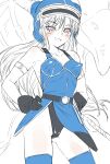  1girl armlet armor belt blue_armor breasts creature daisy_(dq) dragon_quest dragon_quest_yuusha_abel_densetsu fake_horns gloves greyscale helmet highres horned_helmet horns jewelry long_hair looking_at_viewer monochrome niko_(tama) smile solo spot_color sword thighhighs weapon white_background 