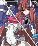  armor blue_eyes bodysuit bow brown_hair f._walsingham gloves grid hair_between_eyes kyoukaisenjou_no_horizon long_hair pantyhose robot_joints solo staff tanaka_ginji very_long_hair 