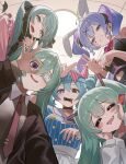  5girls absurdres animal_ears aqua_eyes aqua_hair blue_hair blush_stickers bow commentary copyright_request diamond-shaped_pupils diamond_(shape) eyepatch fake_animal_ears from_below grin hair_between_eyes hatsune_miku highres indoors looking_at_viewer mask mesmerizer_(vocaloid) mimukauwa_nice_try_(vocaloid) miyabino_(miyabi1616) monitoring_(vocaloid) mouth_mask multiple_girls multiple_persona necktie penetration_gesture pinstripe_pattern playboy_bunny purple_eyes rabbit_hole_(vocaloid) red_nails sharp_teeth smile striped_bow symbol-shaped_pupils teeth twintails uno_(game) vampire_(vocaloid) vocaloid 