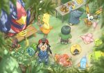  ash_ketchum beautifly bird brock_(pokemon) bug bulbasaur butterfly cat combusken corphish eating food group_picture highres max_(pokemon) may_(pokemon) mudkip munchlax omochi_(aoi_guruguru) pikachu pokemon pokemon_(anime) pokemon_(creature) pokemon_rse_(anime) skitty snorunt swellow table torkoal 