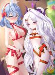  2girls absurdres ahoge ako_(blue_archive) alternate_costume armpits arms_behind_back black_halo blue_archive blue_eyes blue_hair blue_halo blurry blush bracelet_bow breasts choker christmas christmas_tree cleavage collarbone commentary_request cowboy_shot demon_girl demon_horns demon_wings depth_of_field earrings forehead gnoet groin hair_between_eyes hairband half_updo halo halo_behind_head height_difference highres hina_(blue_archive) holding holding_pregnancy_test horns indoors jewelry large_breasts leg_ribbon long_hair looking_at_viewer multicolored_halo multiple_girls naked_ribbon navel parted_bangs pregnancy_test purple_eyes red_ribbon ribbon ribbon_choker ring sidelocks small_breasts smile stomach thigh_ribbon two-tone_halo wavy_hair wedding_ring wings 