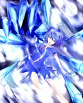  bare_legs blue_dress blue_eyes blue_hair bow cirno claws dress hair_bow highres kitamuraeri open_mouth short_hair solo spell_card torn_clothes touhou wings 