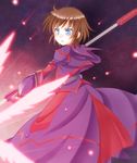  blue_eyes brown_hair dress fingerless_gloves gloves long_sleeves luciferion lyrical_nanoha magical_girl mahou_shoujo_lyrical_nanoha mahou_shoujo_lyrical_nanoha_a's mahou_shoujo_lyrical_nanoha_a's_portable:_the_battle_of_aces material-s open_mouth puchopucho puffy_sleeves short_hair solo wings 