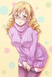  alternate_costume bespectacled blonde_hair breasts dress drill_hair e20 glasses hair_ornament large_breasts long_hair looking_at_viewer mahou_shoujo_madoka_magica purple_legwear ribbed_sweater smile solo sweater sweater_dress thighhighs tomoe_mami twin_drills twintails yellow_eyes 