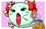 accessory ahegao baseball_cap blush blush_lines boo_(mario) bow_ribbon clothing duo female ghost ghost_tail goomba goombario green_body hair_accessory hair_bow hair_ribbon hat headgear headwear hi_res japanese_text katzenstrand lady_bow looking_pleasured mario_bros mouth_shot nintendo not_furry open_mouth paper_mario pattern_background pointing_at_mouth ribbons simple_background spirit text tongue tongue_out