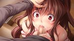  1boy 1girl brown_hair censored cum cum_in_mouth fellatio game_cg hand_on_head oral penis pov red_eyes soft_circle_courreges 