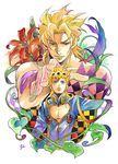  bad_id bad_pixiv_id blonde_hair blue_eyes bug cleavage_cutout dio_brando giorno_giovanna insect jojo_no_kimyou_na_bouken ladybug multiple_boys parted_lips plant red_eyes saya_999 short_hair topless vines 