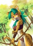  bow_(weapon) bow_and_arrow camel_toe cat cheetah clothed clothing feline female green_hair greone hair looking_at_viewer mammal necklace open_mouth ranged_weapon skimpy solo spots weapon wrist_guard 