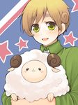  :3 animal axis_powers_hetalia blonde_hair eyebrows green_eyes male_focus new_zealand_(hetalia) open_mouth sheep smile star 