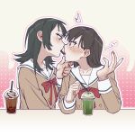  2girls bang_dream! bang_dream!_it&#039;s_mygo!!!!! black_hair blue_eyes blush brown_hair criangle_k. cup drinking_straw eye_contact face-to-face food food_in_mouth frappuccino grabbing_another&#039;s_chin hanasakigawa_school_uniform hand_on_another&#039;s_chin imminent_kiss long_hair looking_at_another mole mole_under_eye multiple_girls pocky pocky_in_mouth school_uniform shiina_taki yahata_umiri yuri 