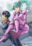  1boy 1girl black_hair blue_eyes bodysuit char&#039;s_counterattack closed_mouth dated eyelashes floating green_hair gundam gyunei_guss highres looking_at_viewer mecha_pilot_suit okrdisk2000 pink_bodysuit quess_paraya short_hair twintails 