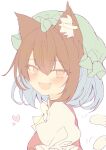  1girl :d animal_ear_fluff animal_ear_piercing animal_ears breasts brown_eyes brown_hair cat_ears cat_tail chen commentary_request double-parted_bangs earrings fang flat_color frills from_side hair_between_eyes happy hat highres jewelry looking_at_viewer looking_to_the_side medium_breasts mob_cap multiple_tails nekomata open_mouth puffy_short_sleeves puffy_sleeves seika_okawari short_hair short_sleeves simple_background single_earring skin_fang smile solo tail touhou two_tails unfinished upper_body white_background 