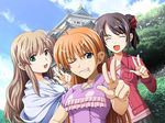  1boy 2girls ahoge blue_eyes brown_hair castle crossdressing eyes_closed game_cg green_eyes isurugi_chie kashiwara_sarina katakura_shinji kira_kira maejima_shikako maejima_shikanosuke multiple_girls orange_hair trap wink 