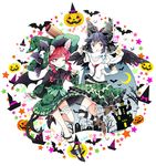  2girls animal_ears arm_cannon bad_id bad_pixiv_id bandages bat_(animal) black_hair boots bow braid candy castle cat_ears cat_tail crescent_moon cross dress extra_ears food ghost green_bow green_skirt hair_bow halloween hat jack-o'-lantern kaenbyou_rin lollipop miy moon multiple_girls one_eye_closed red_eyes red_hair reiuji_utsuho single_thighhigh skirt smile striped_clothes striped_thighhighs tail thighhighs tombstone touhou twin_braids weapon witch_hat 