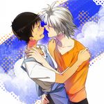  apron brown_hair grey_hair hands_on_shoulders ikari_shinji imminent_kiss male_focus multiple_boys nagisa_kaworu neon_genesis_evangelion sweatdrop tapiet yaoi 