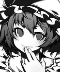  fang greyscale hat monochrome no_nose portrait remilia_scarlet short_hair smile solo super_zombie touhou 