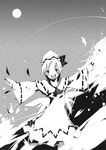  :d collar cowboy_shot full_moon greyscale lily_white long_sleeves looking_at_viewer monochrome moon open_mouth outstretched_arms shimadoriru sky smile solo touhou 