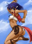  ass bandeau bare_shoulders blue_eyes bracelet breasts cloud covered_nipples cross-laced_footwear dark_skin day earrings fushigi_no_umi_no_nadia hair_ornament hairclip jewelry jumping loincloth medium_breasts midriff nadia panties pelvic_curtain purple_hair sandals short_hair shouting sky solo strapless taku-tama tubetop twisted_torso underboob underwear vest 