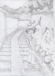  graphite_(medium) greyscale kurihara_nagisa looking_back monochrome nasubino sketch sketchbook_full_colors solo stairs traditional_media 