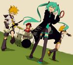  3girls aqua_hair brother_and_sister drum drum_set electric_guitar guitar hatsune_miku instrument ixy kagamine_len kagamine_rin meiko multiple_girls siblings tambourine thighhighs twins twintails vocaloid 