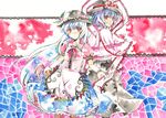  blue_hair food fruit hat highres hinanawi_tenshi long_hair multiple_girls n-mix nagae_iku peach ribbon short_hair sword sword_of_hisou tassel touhou weapon 