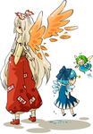  blue_bow blue_hair bow child cirno daiyousei fiery_wings fire fujiwara_no_mokou green_hair hair_bow hand_in_pocket height_difference ice ice_wings long_hair looking_at_viewer looking_back mashuu_masaki melting multiple_girls pants side_ponytail simple_background skirt sweat touhou very_long_hair white_background white_hair wings 