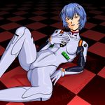  ayanami_rei blue_hair bodysuit lying neon_genesis_evangelion nike_(0306) plugsuit red_eyes short_hair solo spread_legs white_bodysuit 