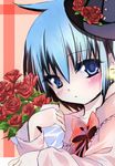  blue_eyes blue_hair bouquet flower original red_flower red_rose rose sho_(runatic_moon) short_hair solo 