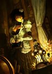  book breasts cleavage clock curtains dress fairy fingerless_gloves flower frills glasses globe gloves hair_flower hair_ornament kyoung_hwan_kim lamp lantern large_breasts light monocle original skeleton solo 