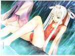  barefoot china_dress chinese_clothes dress highres houmei legs long_hair long_legs one_eye_closed open_mouth purple_eyes shining_(series) shining_wind solo tanaka_takayuki thighs twintails white_hair 