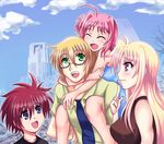  2girls ^_^ ahoge blonde_hair blush caro_ru_lushe carrying closed_eyes cloud day erio_mondial fate_testarossa glasses green_eyes happy height_difference kose long_hair lyrical_nanoha mahou_shoujo_lyrical_nanoha_strikers multiple_boys multiple_girls outdoors pink_hair purple_eyes red_eyes red_hair shirt short_hair shoulder_carry sky smile tank_top tears wavy_mouth yuuno_scrya 