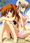  absurdres back-to-back barefoot beach bikini blonde_hair blue_eyes braid clarissa_satsuki_maezono cloud day feet hair_ribbon highres honeycoming_royalsweet kamijou_asahi long_hair matsushita_makako multiple_girls orange_hair outdoors palm_tree purple_eyes rakko_(makarakko) ribbon sand side-tie_bikini side_braid sitting sky smile swimsuit tree twintails water 