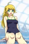  :d ahoge arm_support blonde_hair blush_stickers breasts drain_(object) green_eyes hoshii_miki idolmaster idolmaster_(classic) idolmaster_1 indoors long_hair medium_breasts michael one-piece_swimsuit open_mouth pool poolside sitting smile soaking_feet solo swimsuit 