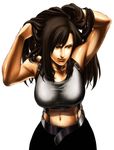  armpits bare_shoulders brown_hair collarbone final_fantasy final_fantasy_vii hands_in_pockets leaning_forward long_hair looking_to_the_side midriff navel shirt simple_background sleeveless sleeveless_shirt solo stomach suspenders tifa_lockhart very_long_hair white_background 