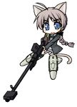  aiming blue_eyes braid cat_tail chibi gun holding holding_weapon kou_(garakuta_teikoku) long_hair long_sleeves looking_at_viewer lynette_bishop oekaki rifle silver_hair simple_background single_braid sniper_rifle solo strike_witches tail weapon white_background world_witches_series 