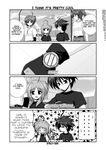  1boy 3girls =_= ahoge blush_stickers caro_ru_lushe closed_eyes comic dragon erio_mondial fingerless_gloves friedrich gloves greyscale hard_translated headband heart jewelry lyrical_nanoha mach_caliber mahou_shoujo_lyrical_nanoha_strikers mikage_takashi military military_uniform monochrome multiple_girls necklace planet strada subaru_nakajima sweatdrop teana_lanster translated twintails uniform watch wristwatch 