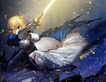  ahoge aqua_eyes armor armored_dress artoria_pendragon_(all) blonde_hair detexted dress embers excalibur fate/hollow_ataraxia fate/stay_night fate_(series) game_cg gauntlets greaves highres saber scan solo sword takeuchi_takashi third-party_edit weapon 