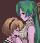  blonde_hair brown_background comforting green_hair half_updo hand_on_another's_head higurashi_no_naku_koro_ni houjou_satoko lowres mamepon multiple_girls simple_background sonozaki_shion tears 