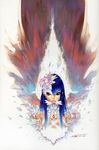  absurdres angel blue_hair copyright_request feathers flower hakua_ugetsu highres long_hair red_eyes scan solo wings 