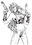  1girl akuhen capcom devil_may_cry dual_wielding earrings gun handgun highres jewelry long_hair midriff pistol sketch solo trish trish_(devil_may_cry) very_long_hair weapon 