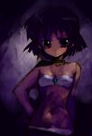  angry bandeau bare_shoulders brown_eyes dark dark_skin fushigi_no_umi_no_nadia jewelry kusaka_souji midriff nadia neck_ring necklace purple_hair short_hair solo strapless tubetop 