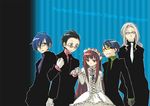  4boys bad_id bad_pixiv_id black_hair blue_eyes blue_hair dress formal glasses gothic_lolita grey_hair lolita_fashion long_hair mochizuki_ryouji mudo_(saji) multiple_boys necktie persona persona_3 red_eyes red_hair sakaki_takaya shirato_jin short_hair smile sweatdrop yoshino_chidori yuuki_makoto 