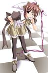  bow brown_hair checkered checkered_floor copyright_request hat kiba_satoshi one_eye_closed perspective red_eyes ribbon solo thighhighs zettai_ryouiki 