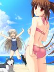  &gt;_&lt; :d adjusting_clothes adjusting_swimsuit ass barefoot beach bikini blonde_hair brown_hair closed_eyes cloud day dog hinata_nao jumping little_busters! long_hair looking_back multiple_girls name_tag natsume_rin non-web_source noumi_kudryavka one-piece_swimsuit open_mouth outdoors outstretched_arms pink_bikini ponytail red_eyes school_swimsuit sky smile spread_arms strelka swimsuit 