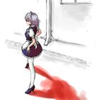  braid fechirin izayoi_sakuya maid red_eyes shadow short_hair silver_hair solo thighhighs touhou twin_braids 