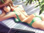  ass back backless_outfit bare_back breasts brown_hair butt_crack chair choker covered_nipples day game_cg leaf light_rays looking_at_viewer looking_back lounge_chair lying medium_breasts mikami_yuuki_(sodom_no_shima) nakamura_nishiki on_stomach one-piece_swimsuit outdoors parted_lips pool poolside purple_eyes short_hair smile sodom_no_shima solo sunbathing sunbeam sunlight swimsuit 