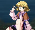  ascot bad_id bad_pixiv_id bare_legs blonde_hair bococho detached_sleeves eyebrows eyebrows_visible_through_hair green_eyes knee_up long_sleeves looking_at_viewer mizuhashi_parsee pointy_ears puffy_sleeves smile solo tareme thighs touhou 