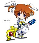  blue_eyes blush boots brown_hair chibi hair_ribbon izuno_kenta lyrical_nanoha mahou_shoujo_lyrical_nanoha mahou_shoujo_lyrical_nanoha_the_movie_1st raising_heart ribbon short_twintails solo staff takamachi_nanoha translated twintails 